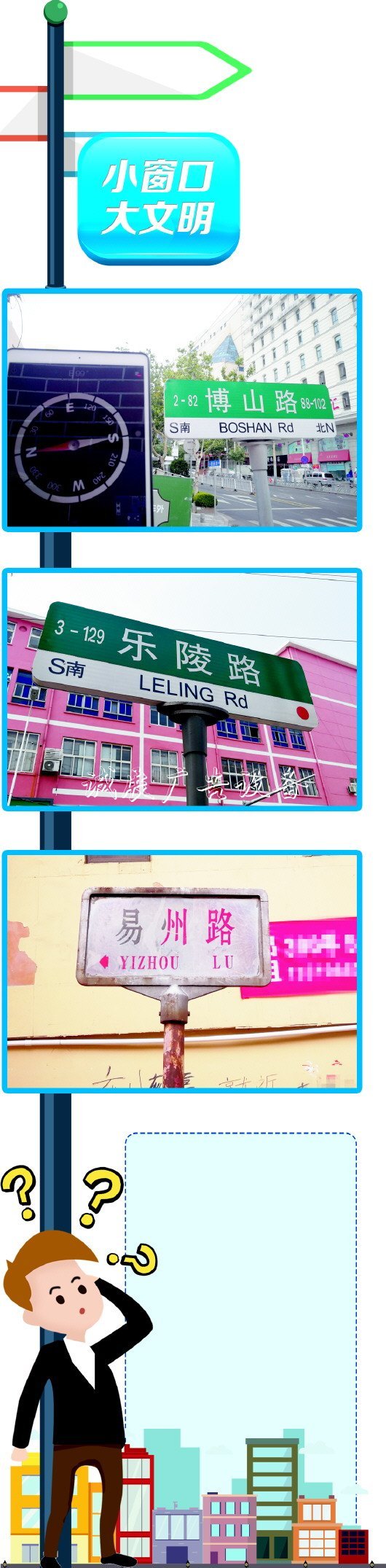 青島部分路牌鬧烏龍滾動(dòng)式燈箱:博山路上一路牌南北顛倒